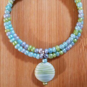 Hand Crafted Memory Wire Wrap Bracelet Beaded with Charm Green Blue Seed Beads M